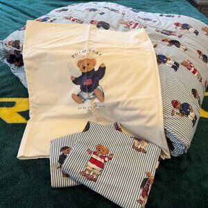 Ralph Lauren Polo Vtg Teddy Bear Blue Stripe Twin Comforter & 3 Pillow Cases